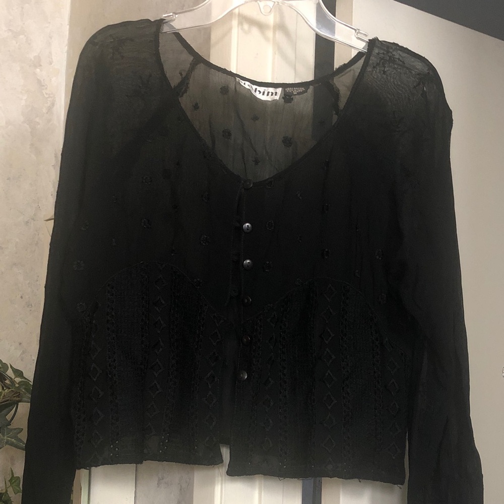 Ashim Black Lace rayon sheer embroidered Button-Front Women's Top vintage